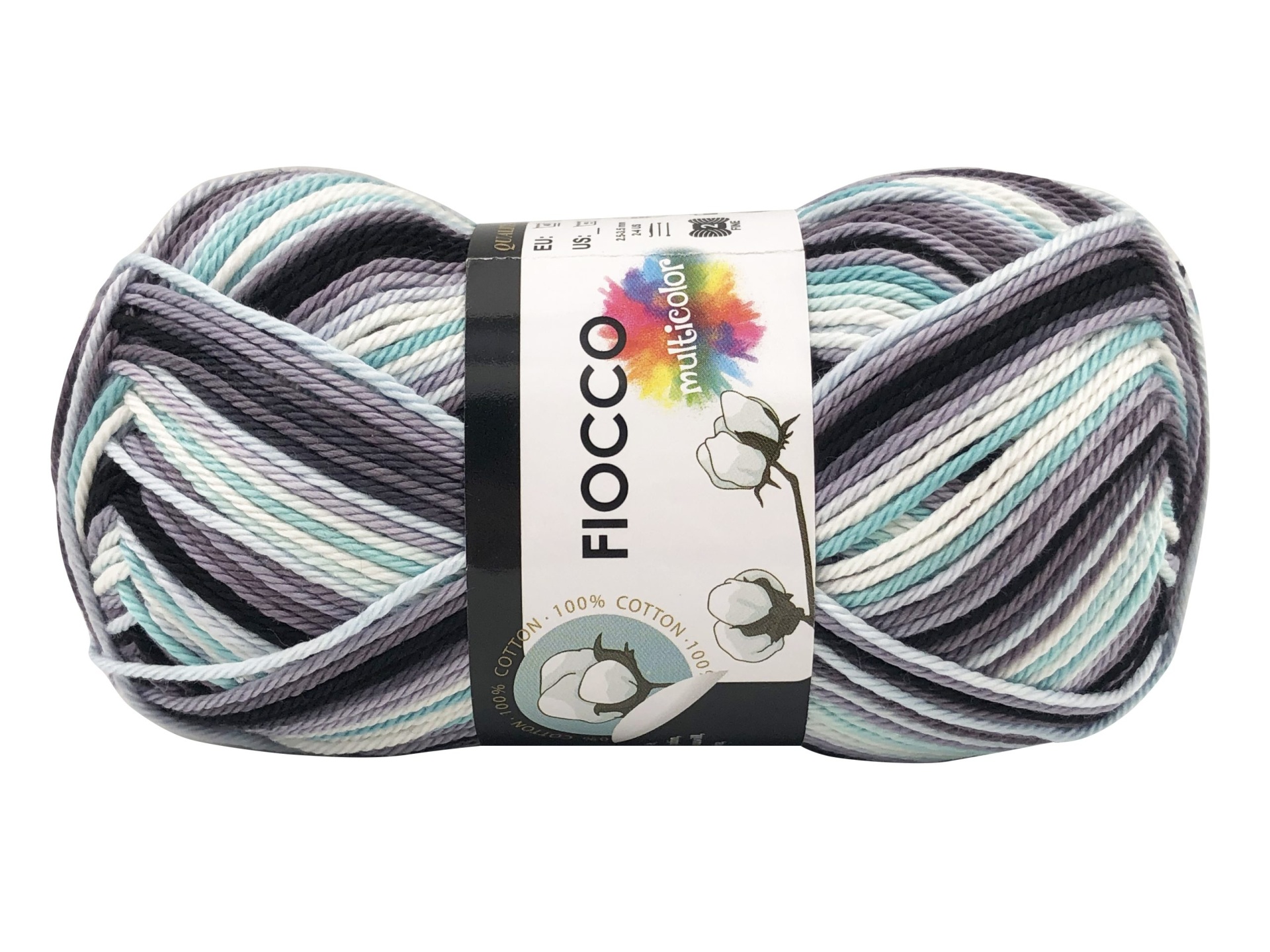 Novelo de fio de algodão Fiocco multicolorido em tons cinza, verde água, azul claro e branco