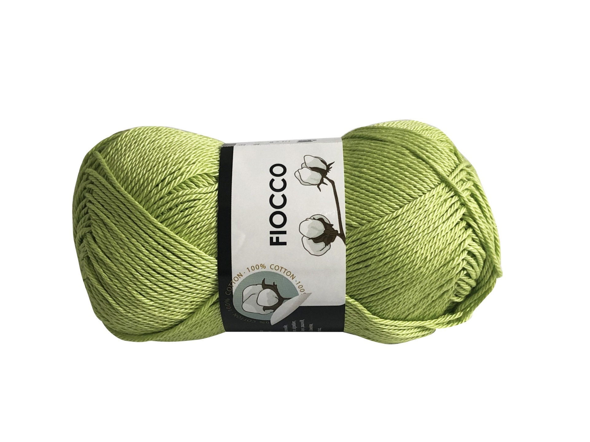 Novelo de lã verde claro com rótulo FIOCCO e imagem de flor de algodão