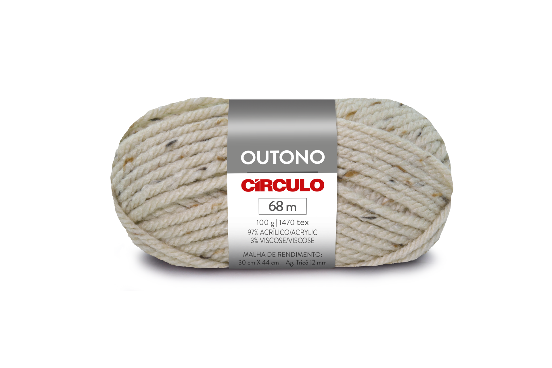 Novelo de fio de algodão bege mesclado com rótulo branco e cinzento