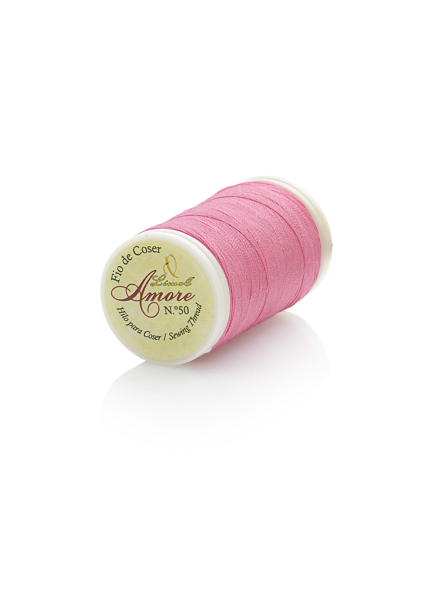 Carretel de fio de coser rosa com etiqueta branca Amore N.º 50