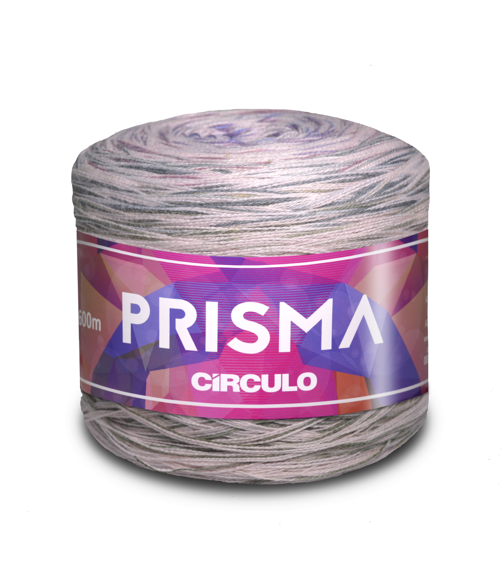 Rolo de fio de algodão Prisma Circulo com etiqueta roxa e padrão geométrico