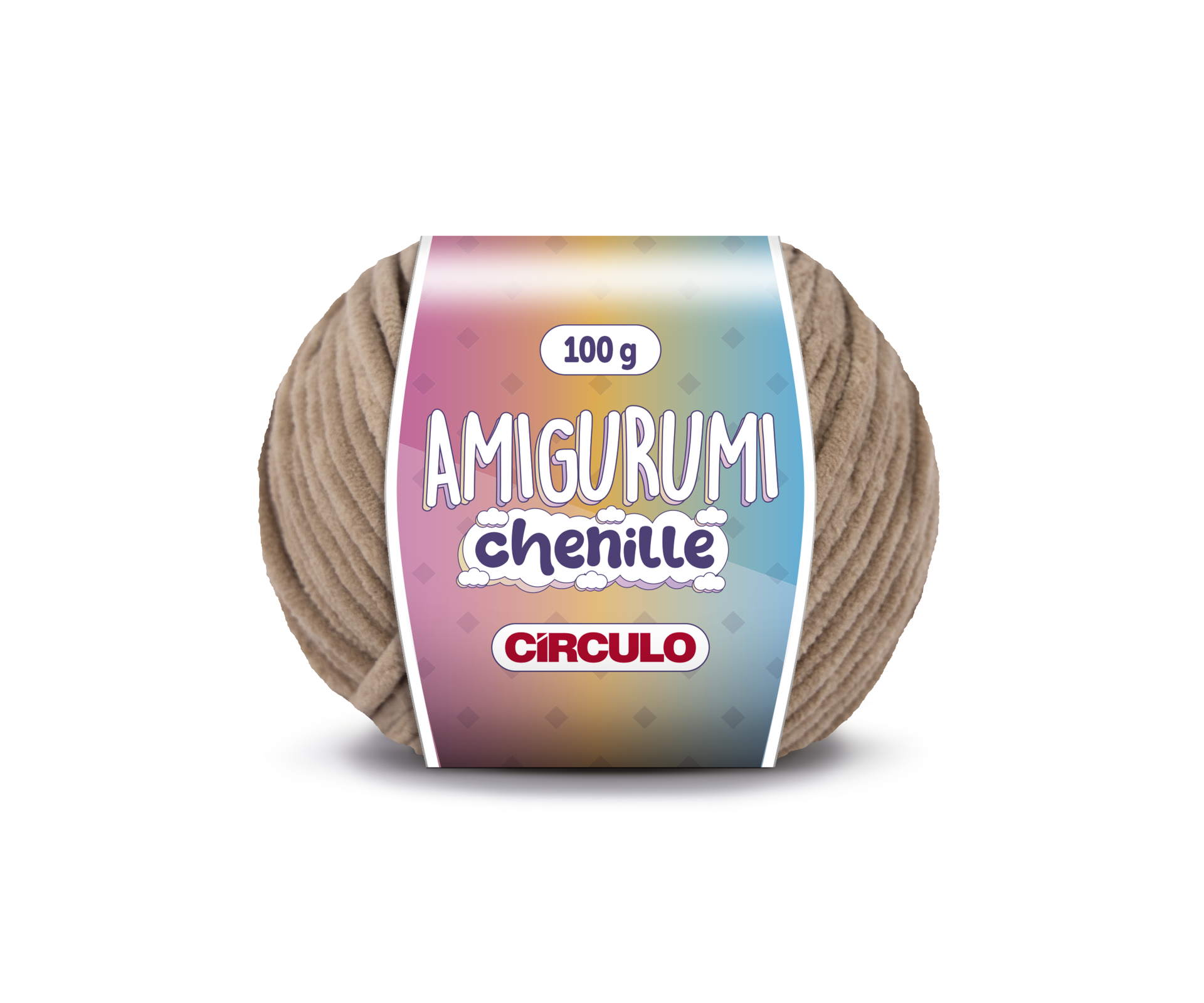 Novelo de lã chenille bege para amigurumi com etiqueta colorida