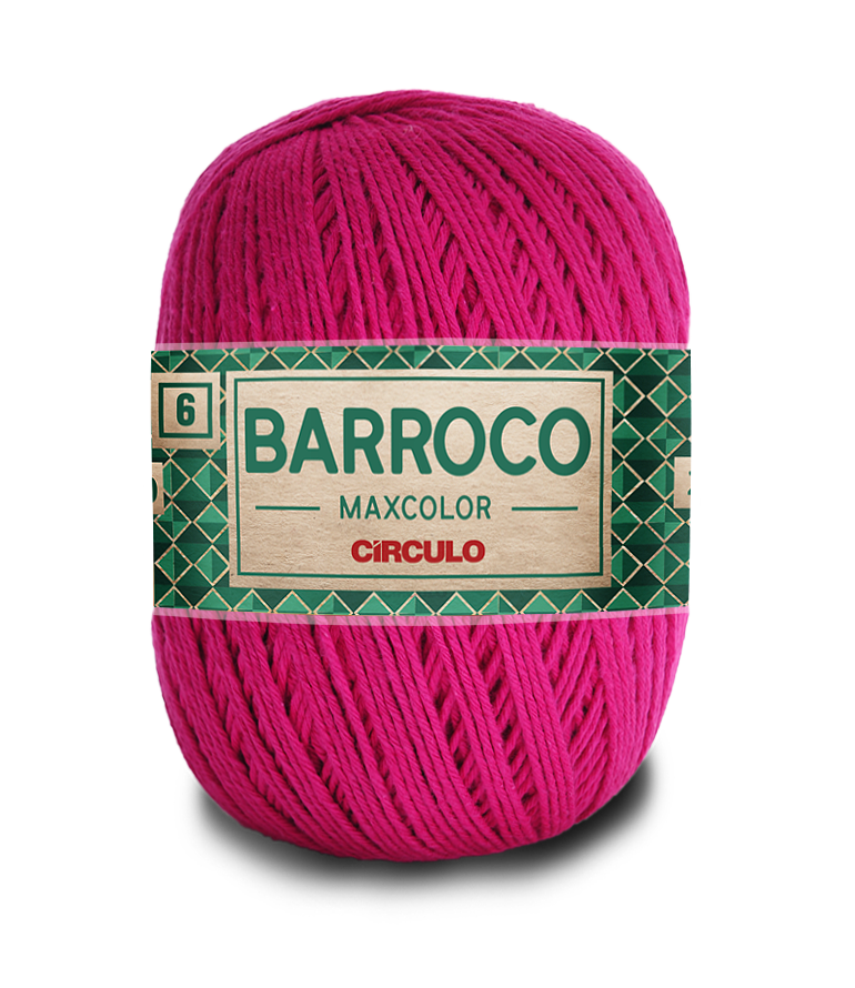 Fio de algodão rosa com etiqueta verde e texto Barroco Maxcolor Círculo
