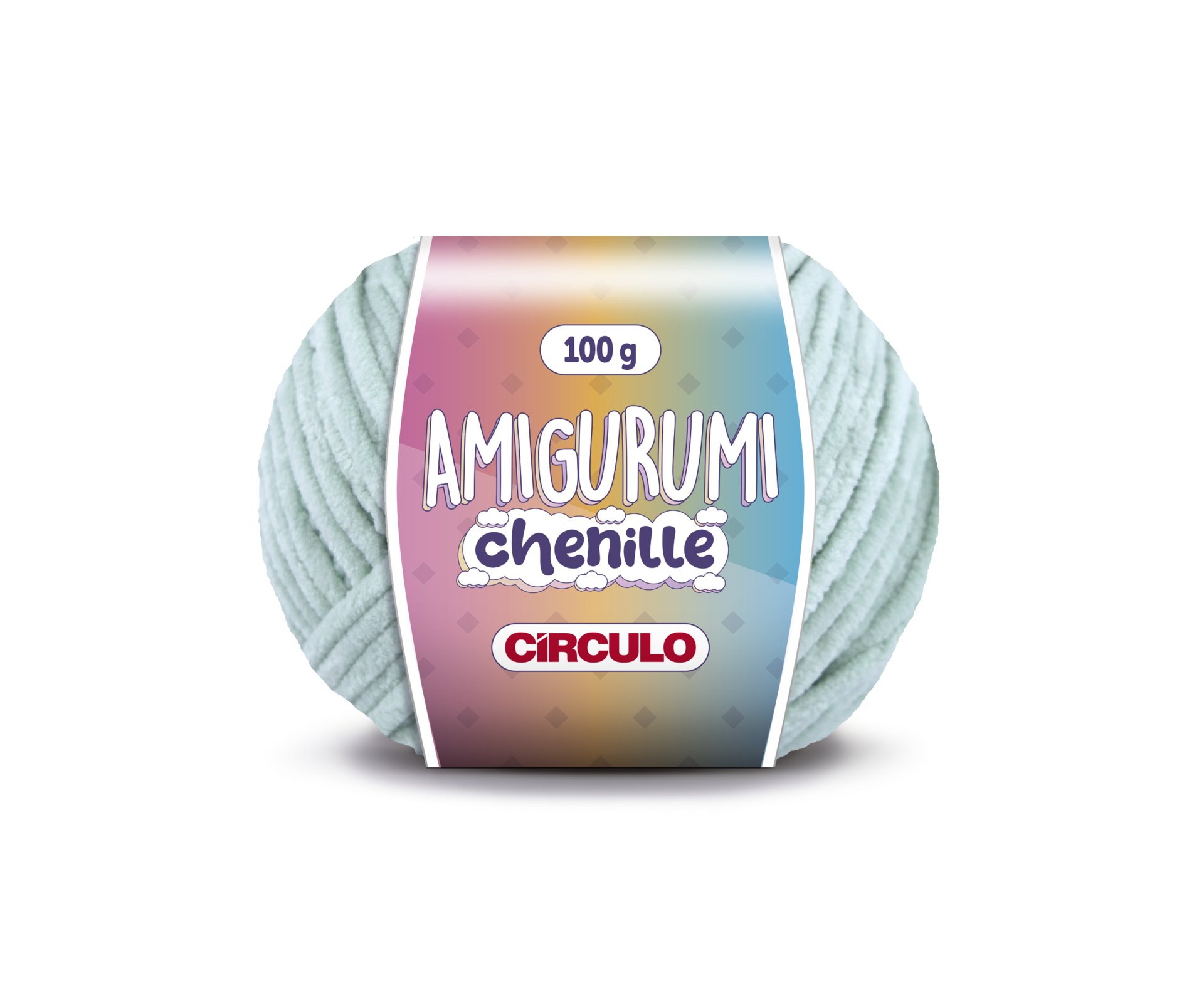 Novelo de fio chenille azul claro para amigurumi com etiqueta colorida.
