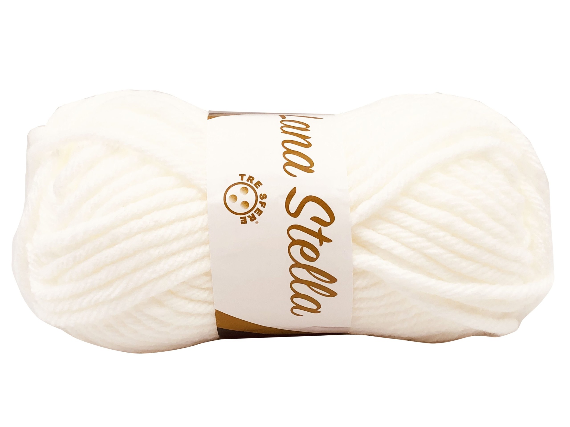 Novelo de lã branca com etiqueta 'Lana Stella'