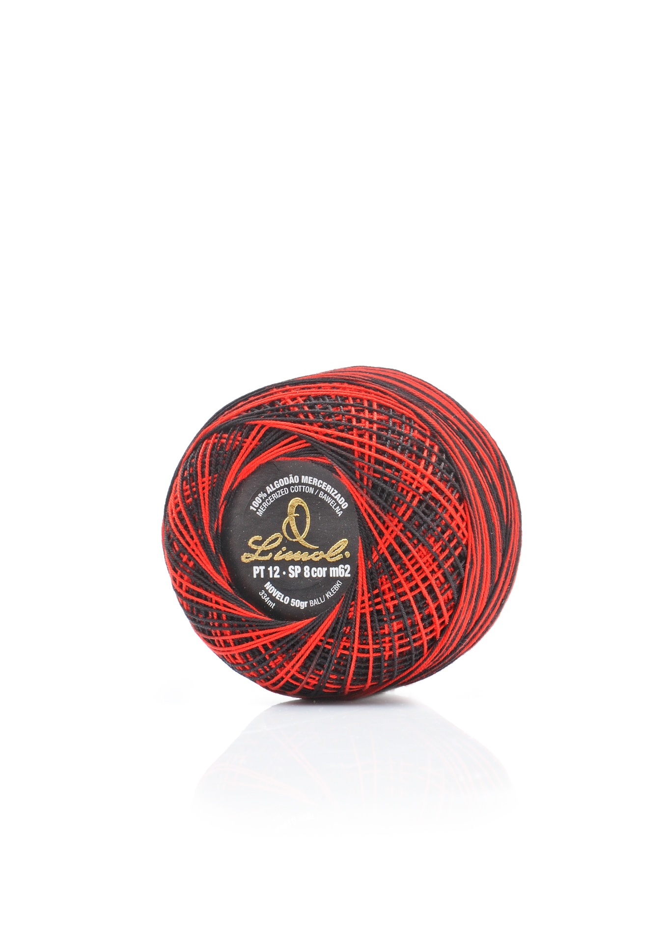 Esfera de fio de algodão mercerizado vermelho e preto com etiqueta preta central