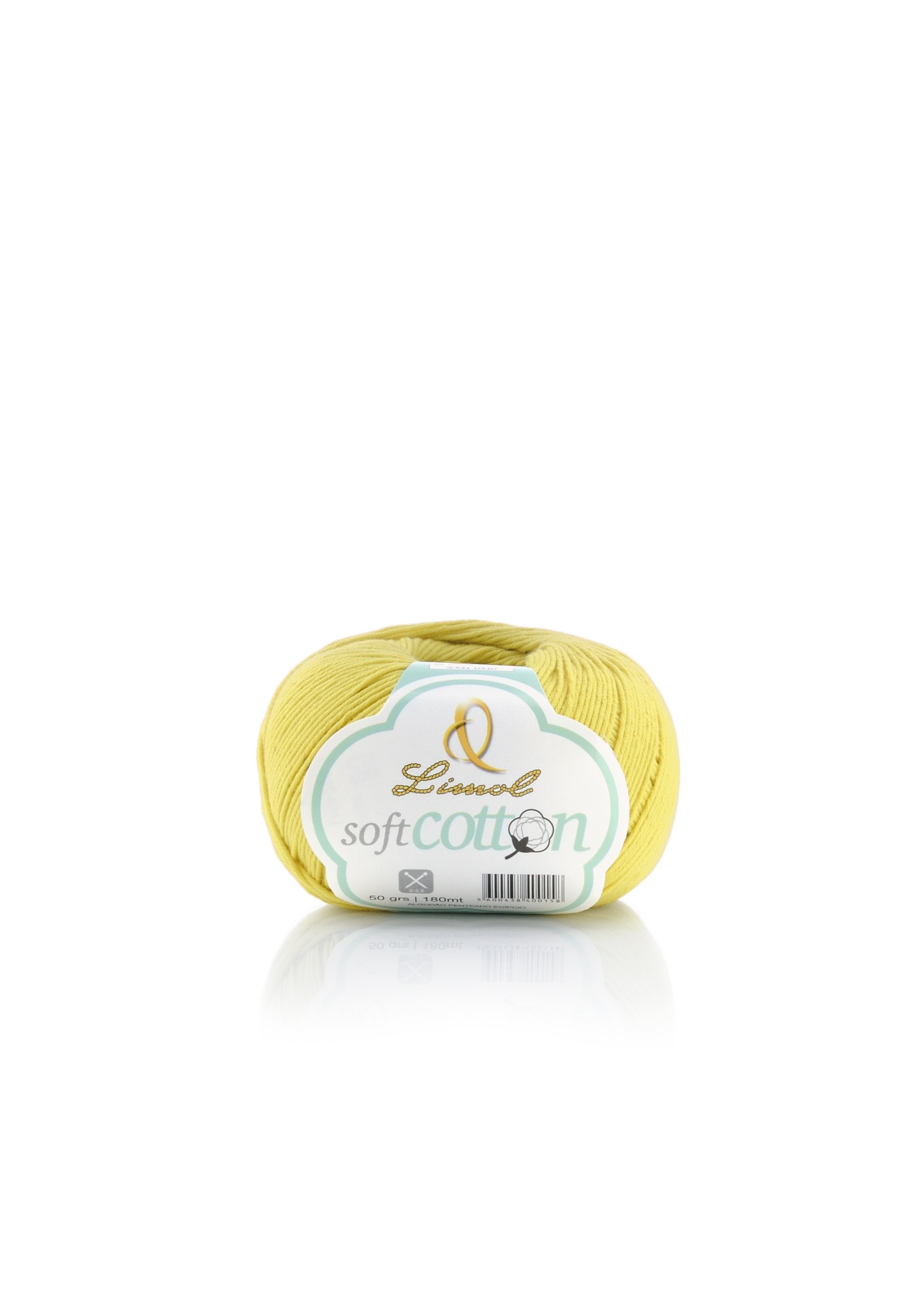 Novelo de fio amarelo claro com etiqueta Linool soft cotton