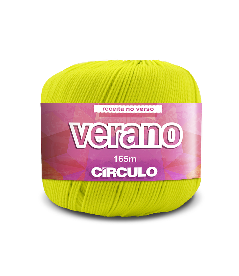 Novelo de fio amarelo verde com rótulo roxo Verano CIRCULO