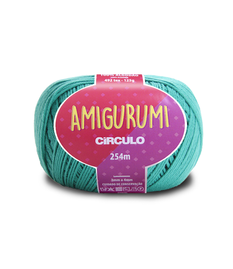 Novelo de linha de algodão verde água com etiqueta rosa AMIGURUMI CÍRCULO