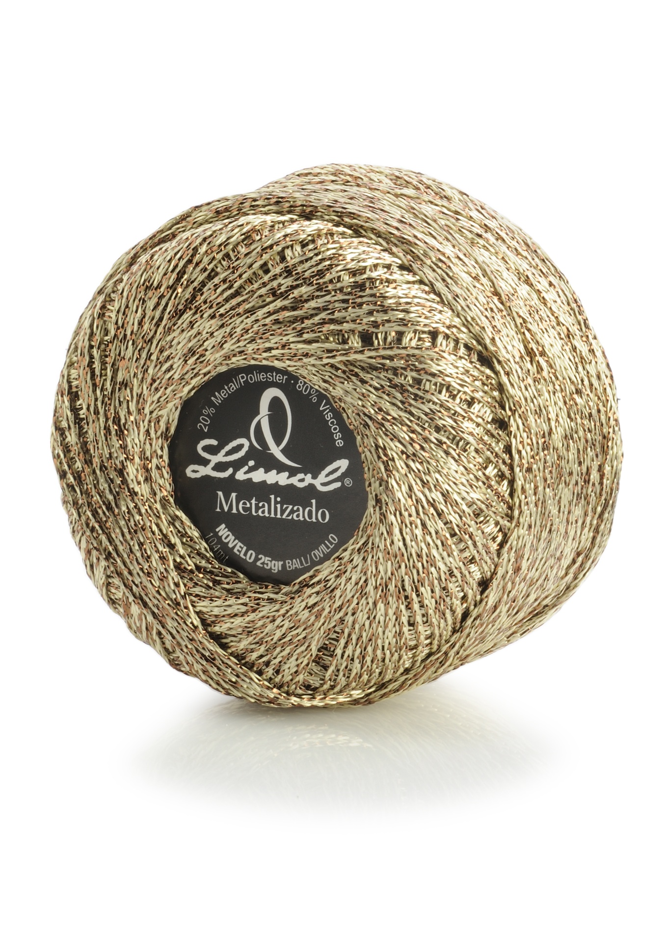 Novelo de fio metálico dourado com etiqueta da marca Líneal Metalizado