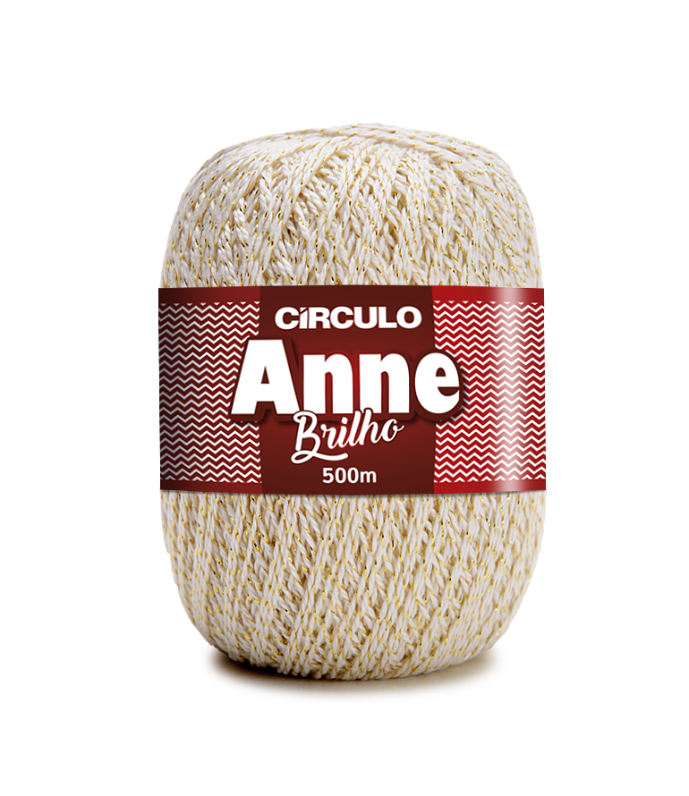 Rolo de fio branco com detalhes dourados, embalagem vermelha com texto Anne Brilho 500m.