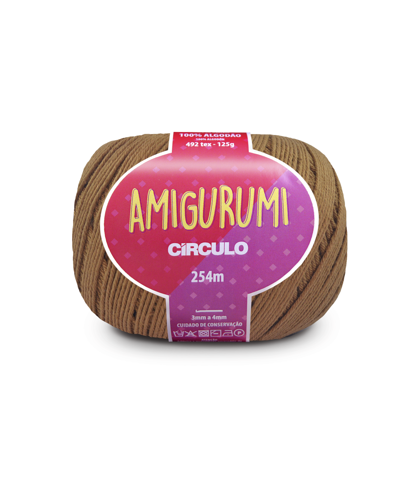 Novelo de fio marrom AMIGURUMI da Círculo com etiqueta rosa e roxa