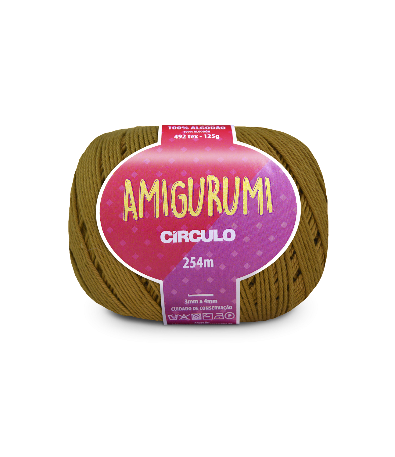 Novelo de fio de algodão castanho para amigurumi com rótulo roxo e rosa