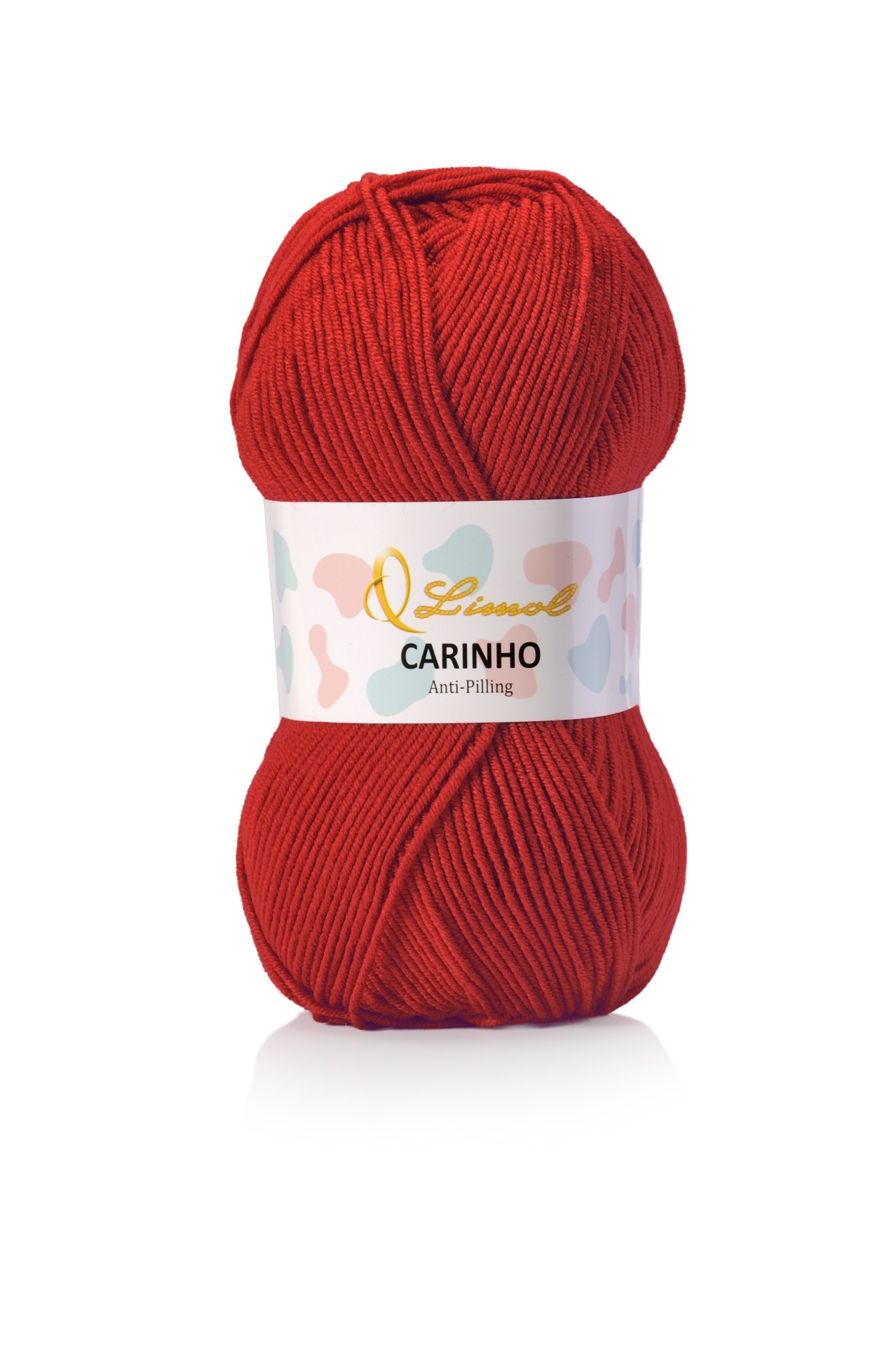 Novelo de lã vermelha com etiqueta branca e texto Limol CARINHO Anti-Pilling