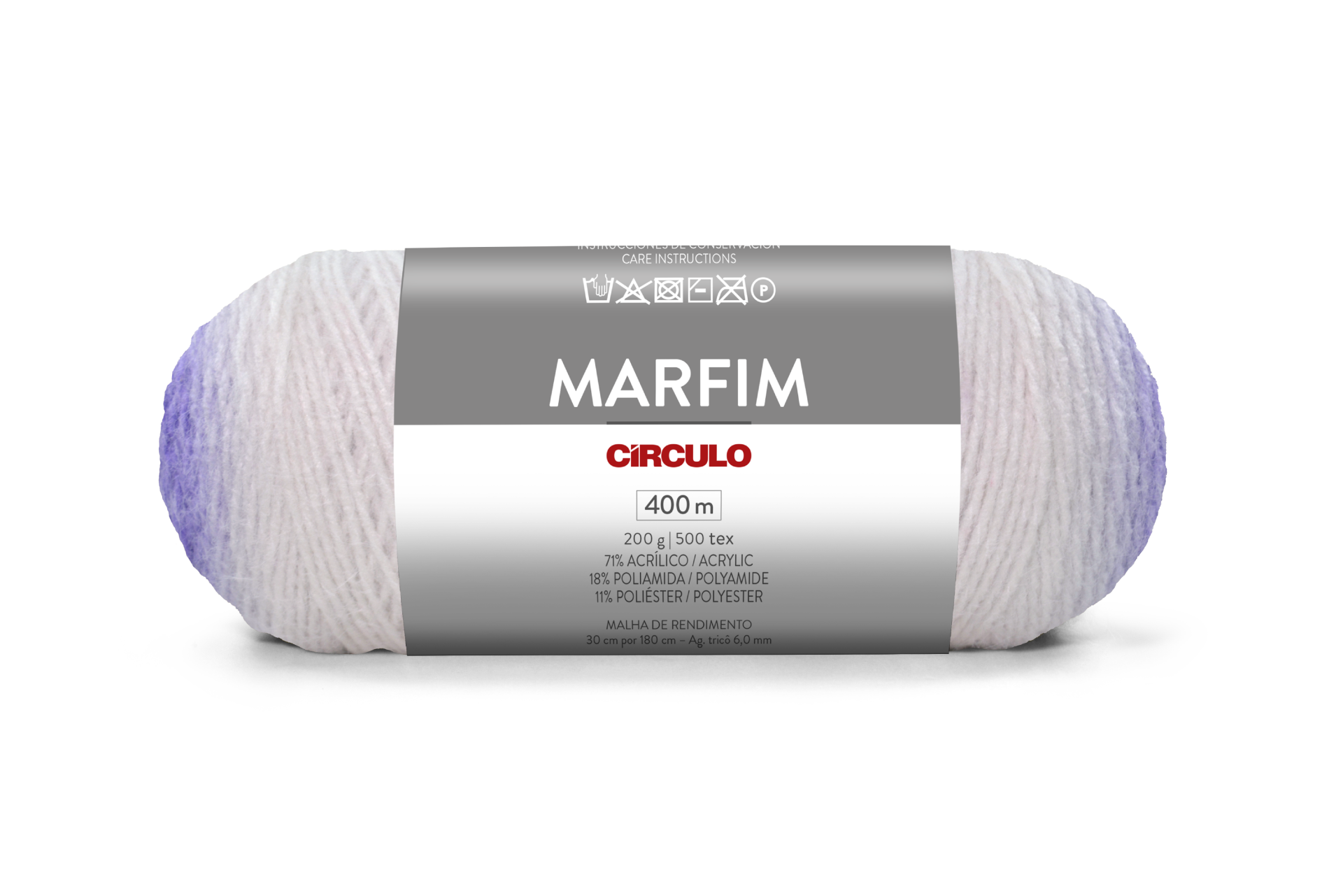 Novelo de fio branco com embalagem cinzenta e texto CÍRCULO MARFIM