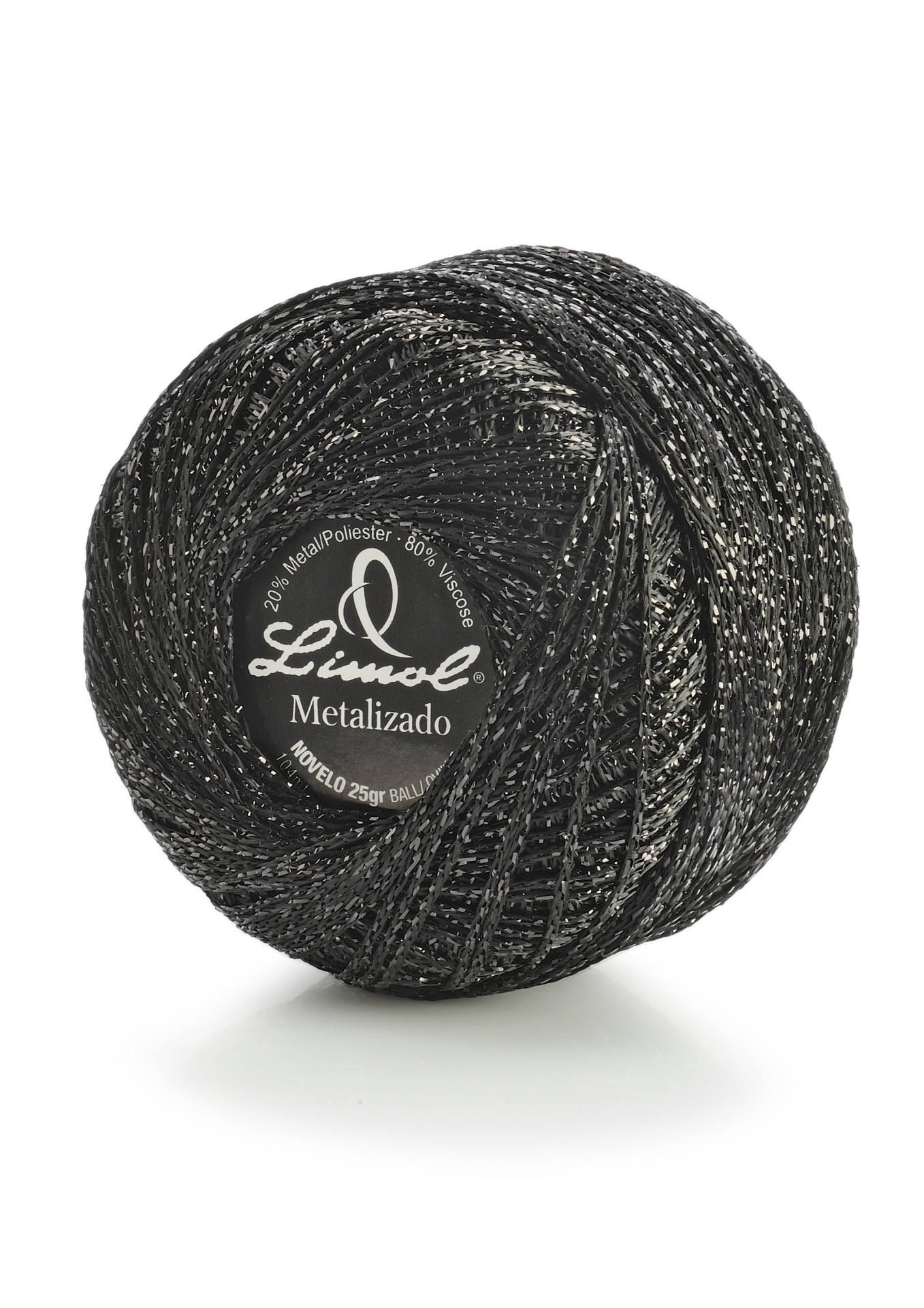 Rolo de linha Limol Metalizado preto com brilho metálico sobre fundo branco