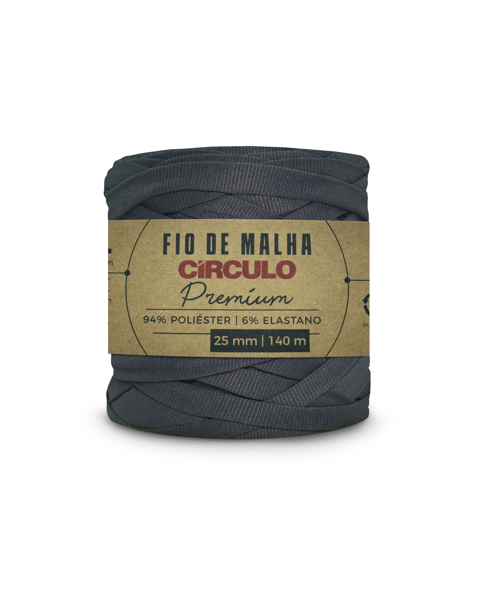 Rolo de fio de malha cinza escuro com etiqueta de papel castanho da marca Círculo Premium