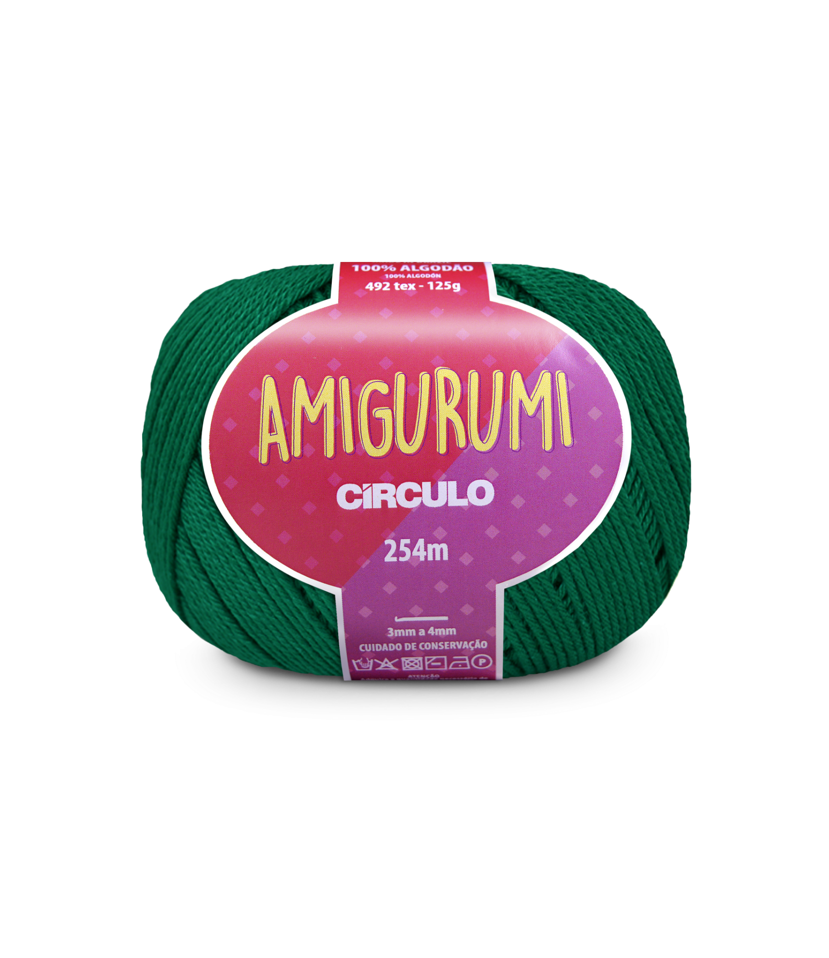 Novelo de fio verde escuro com etiqueta AMIGURUMI CÍRCULO.