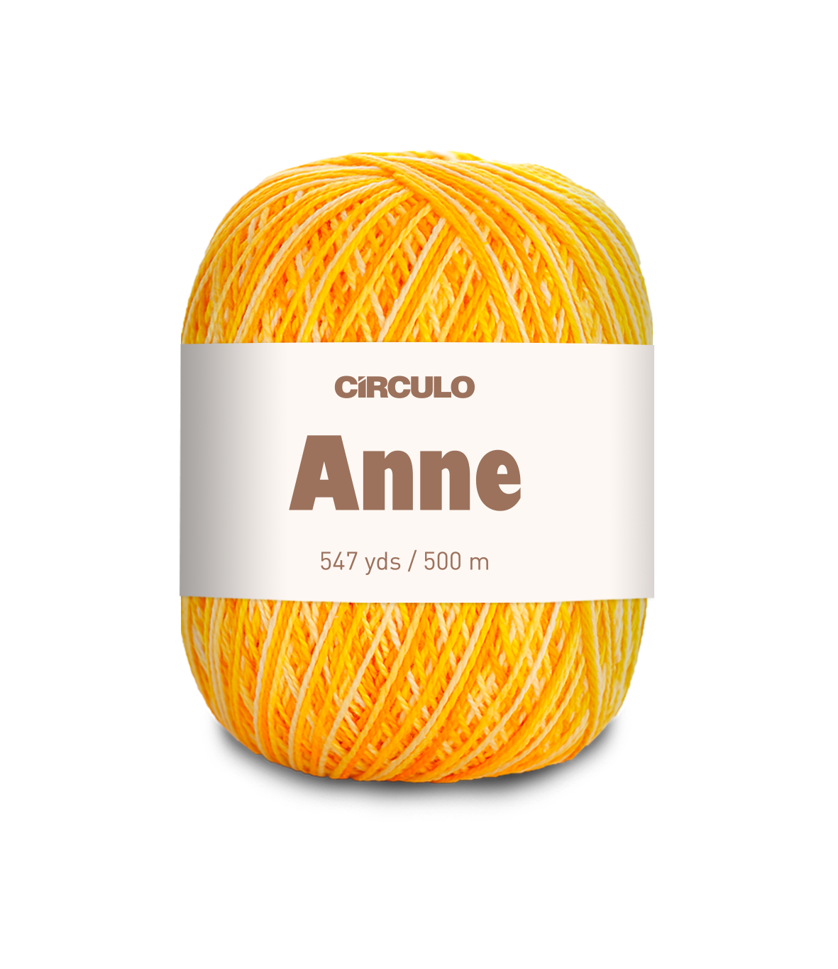 Novelo de fio amarelo e laranja com rótulo branco e texto CIRCULO Anne
