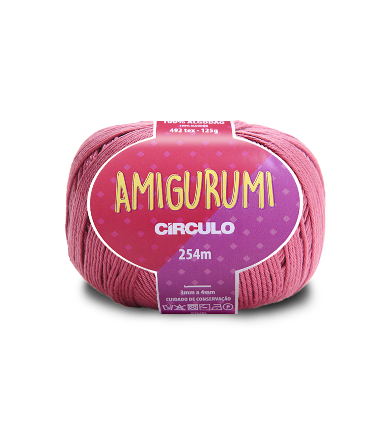 Fio de algodão rosa para amigurumi com etiqueta roxa e amarelo