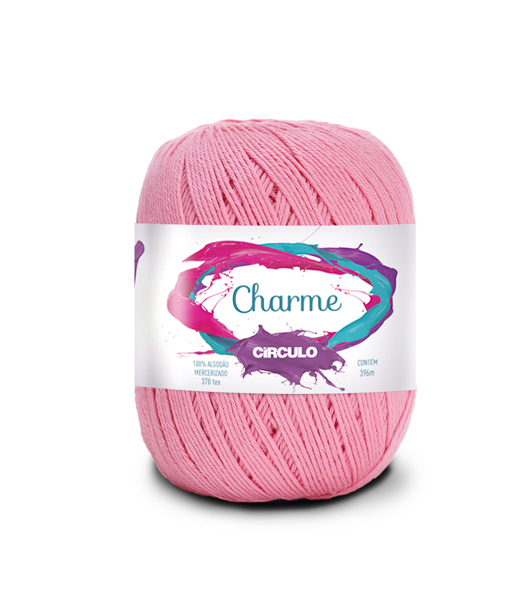 Novelo de fio rosa de algodão mercerizado com etiqueta branca e colorida da marca Círculo