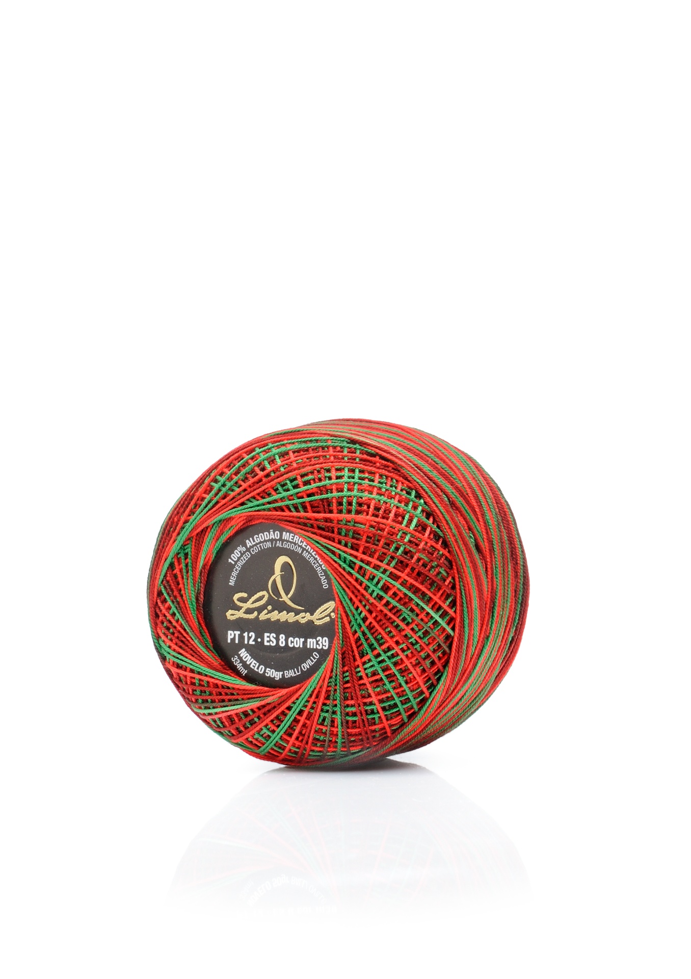 Novelo de linha multicolorida vermelho, verde e castanho com rótulo preto