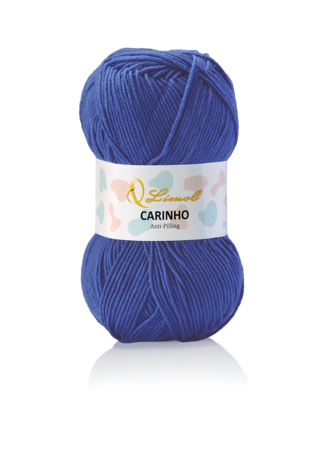 Ovillo de lã azul com etiqueta branca e texto Limol CARINHO Anti-Pilling