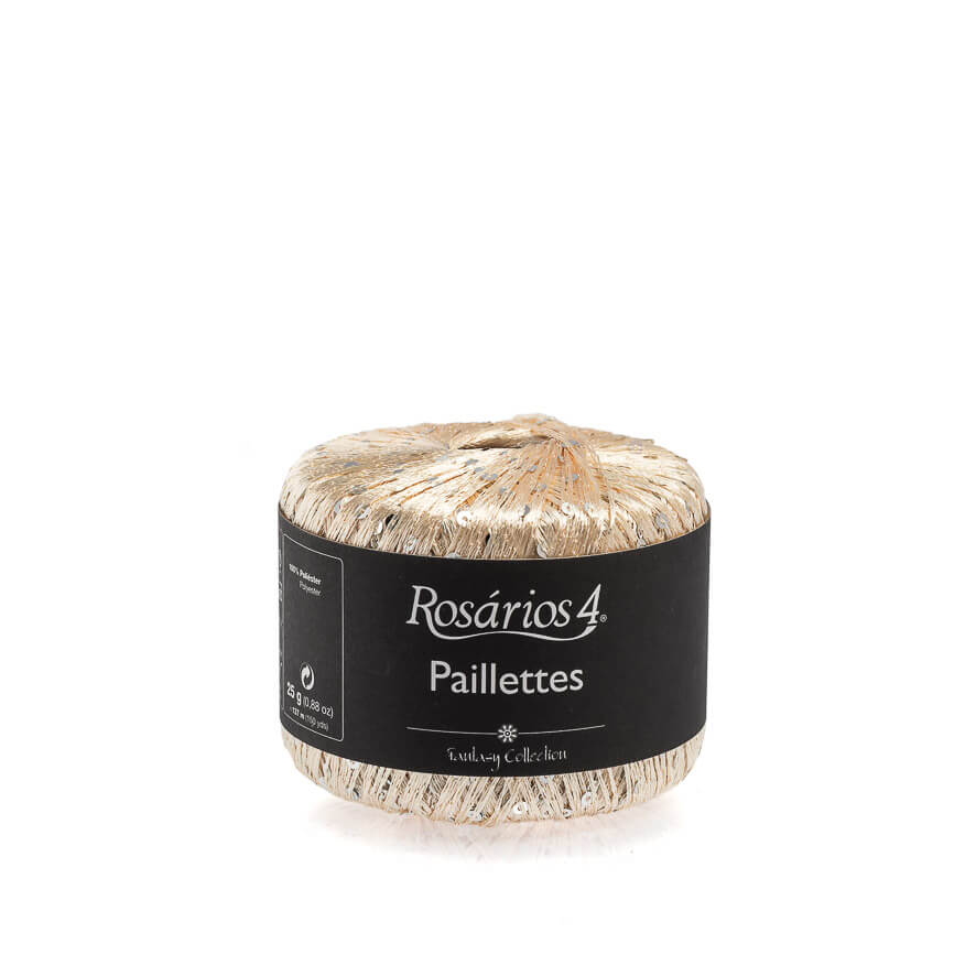 Novelo de fio dourado com lantejoulas Rosários 4 com etiqueta preta