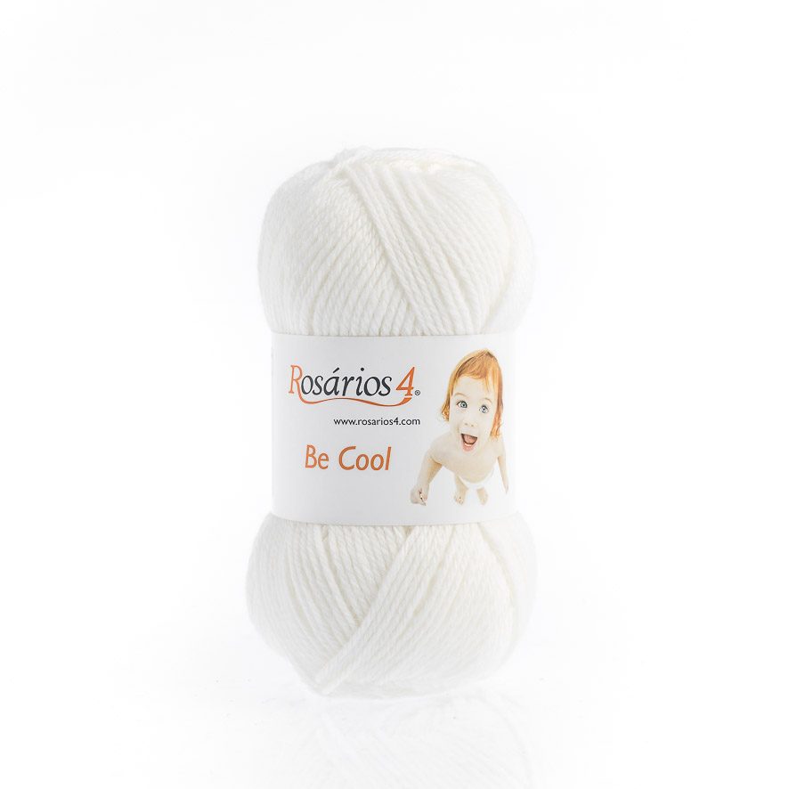 Novelo de lã branco Rosários 4 Be Cool com rótulo e imagem de criança