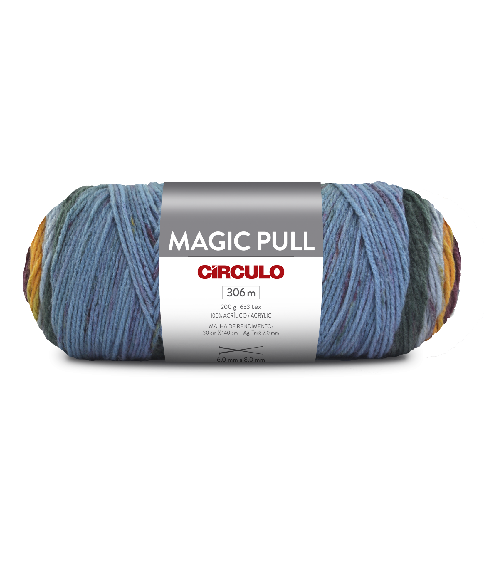 Mola de fio acrílico multicolorido com etiqueta cinzenta e texto
