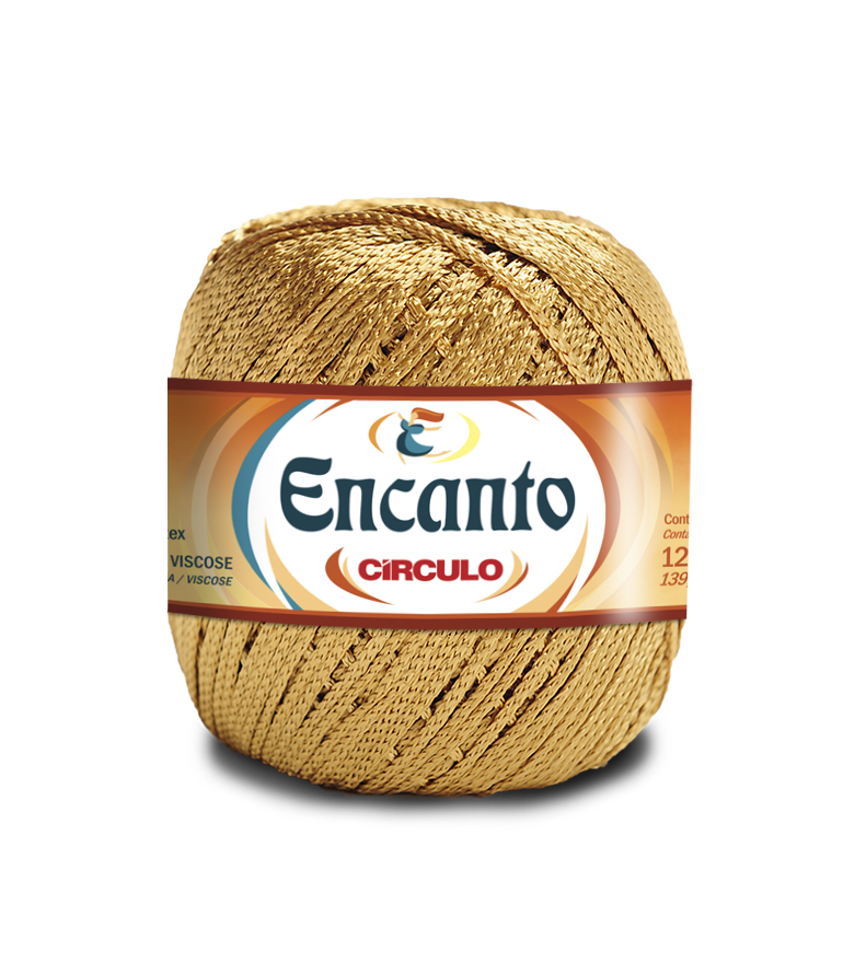 Novelo de fio dourado com rótulo Encanto Círculo