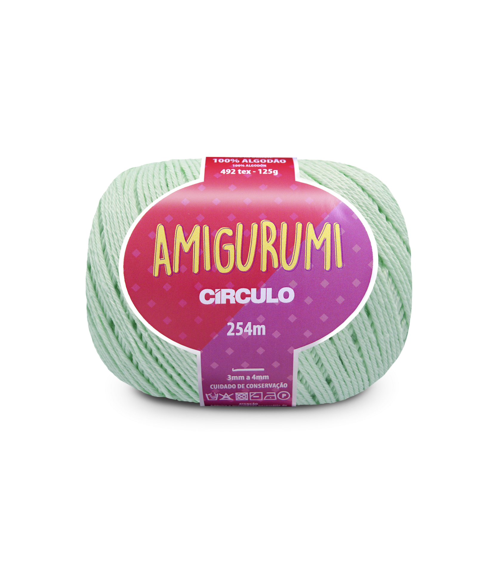 Novelo de fio verde claro Amigurumi Círculo com etiqueta roxa e vermelha