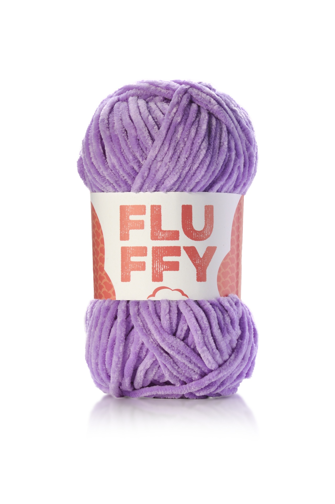 Novelo de lã lilás com etiqueta que diz FLUFFY