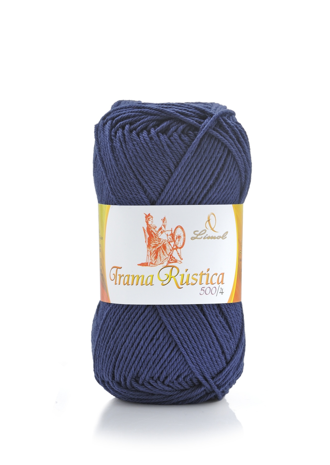 Novelo de lã azul escuro com etiqueta Trama Rústica.