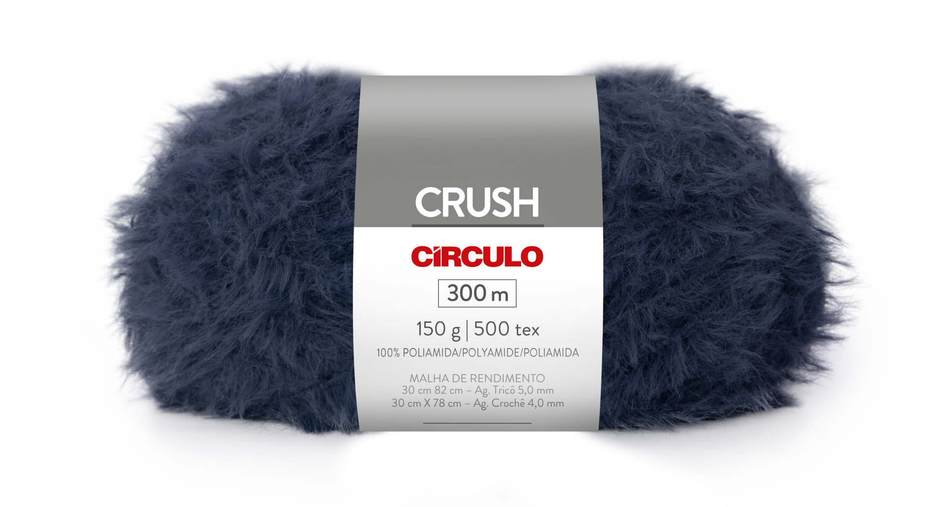 Novelo de lã azul escuro felpudo com etiqueta com marca e especificações.