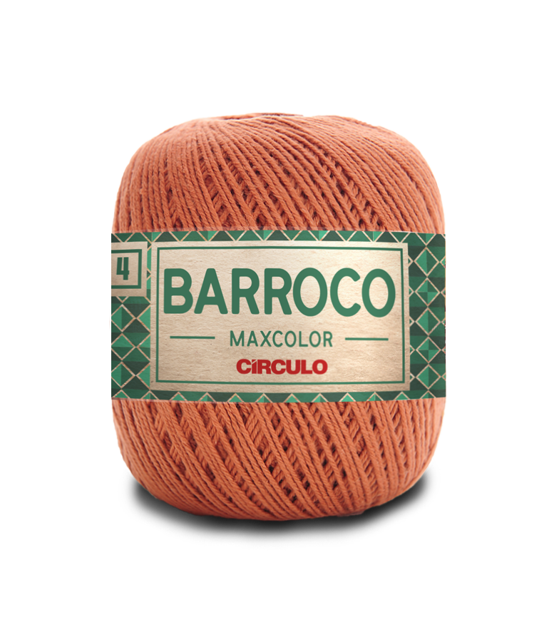 Novelo de linha cor terra queimada com etiqueta verde e dourada