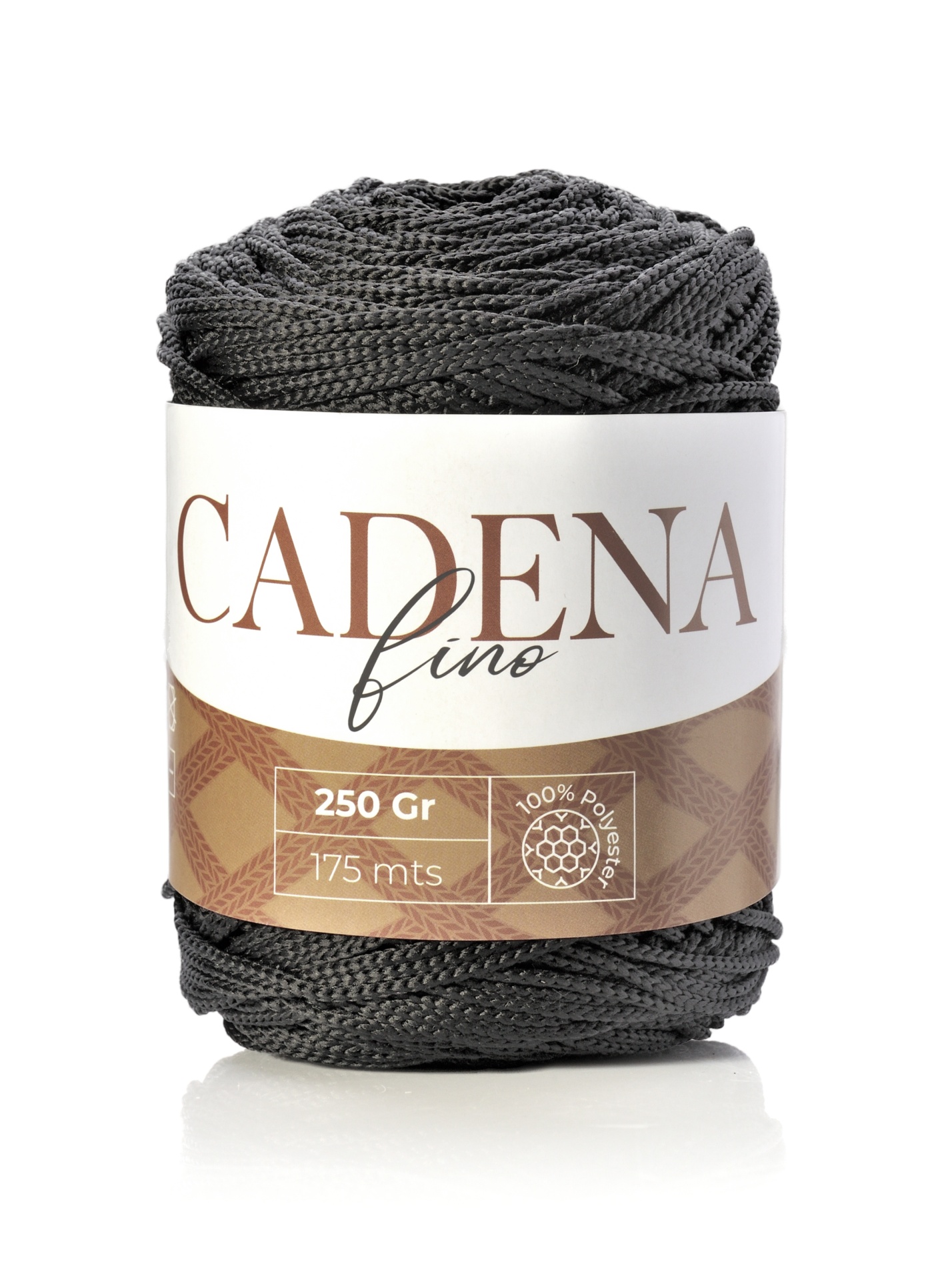 Novelo de fio preto CADENA fino com etiqueta branca e castanha