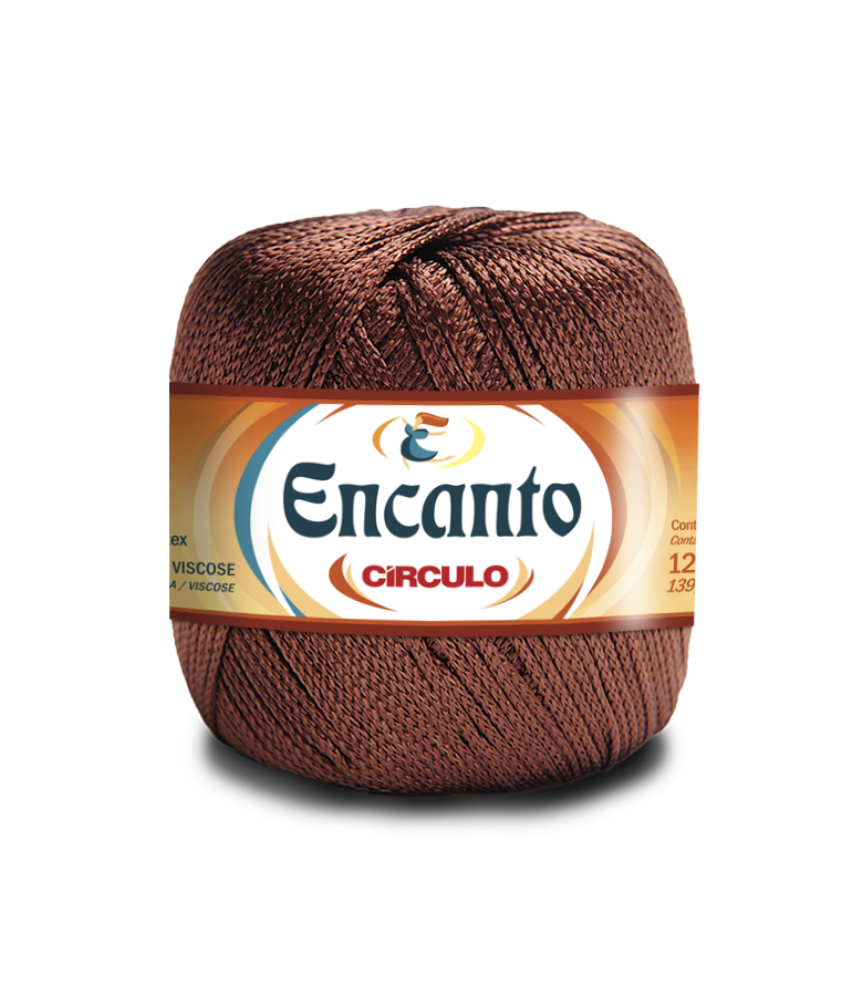 Novelo de fio castanho com etiqueta 'Encanto Círculo'