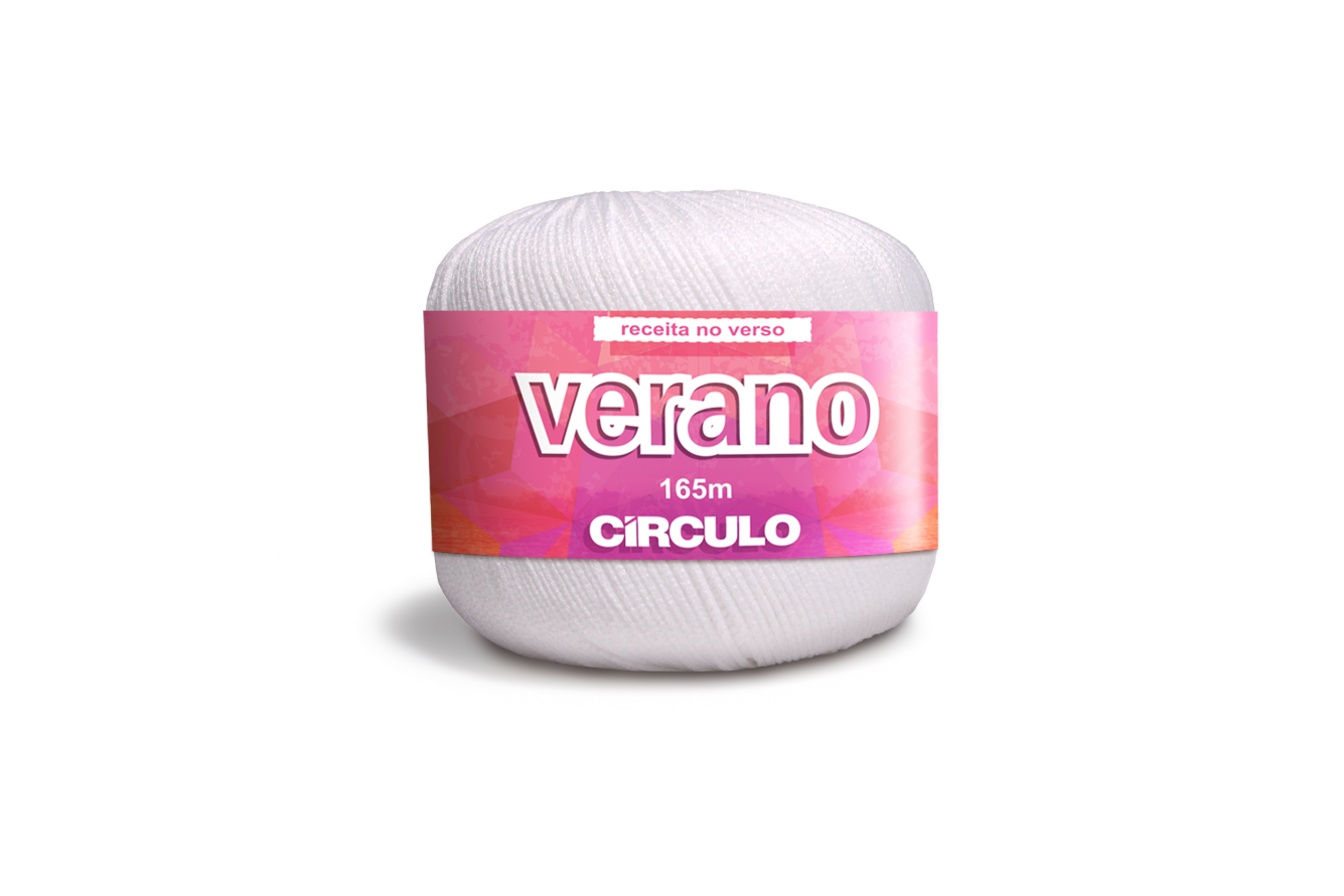 Novelo de fio branco com etiqueta cor-de-rosa e vermelho da marca CIRCULO