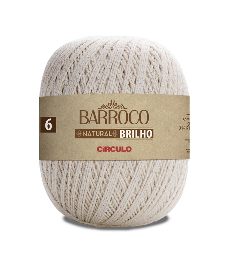 Novelo de fio de algodão creme com etiqueta BARROCO NATURAL BRILHO e número 6