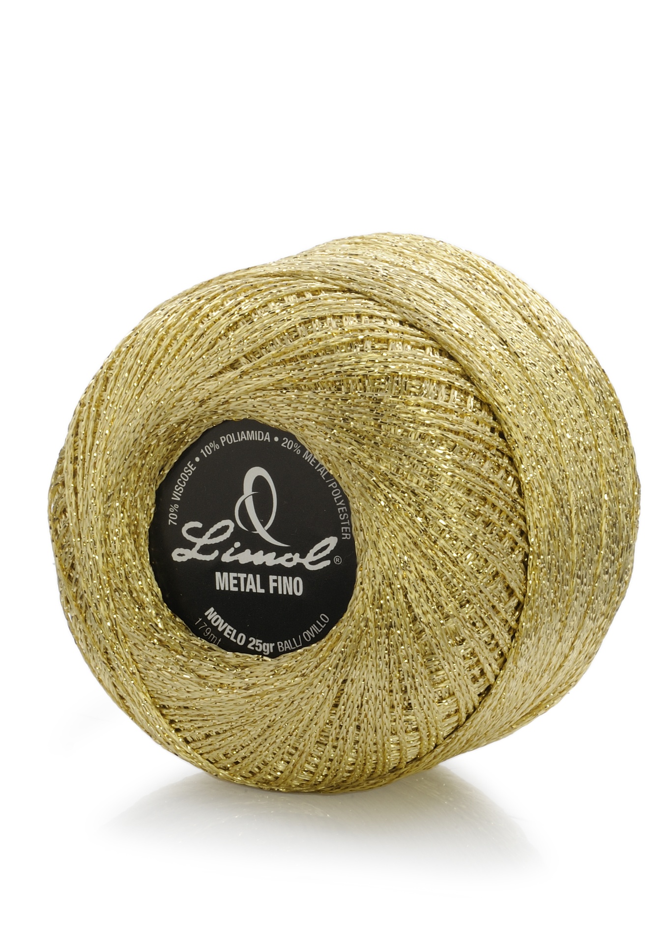 Novelo de linha metalizada dourada Limol com etiqueta preta central.