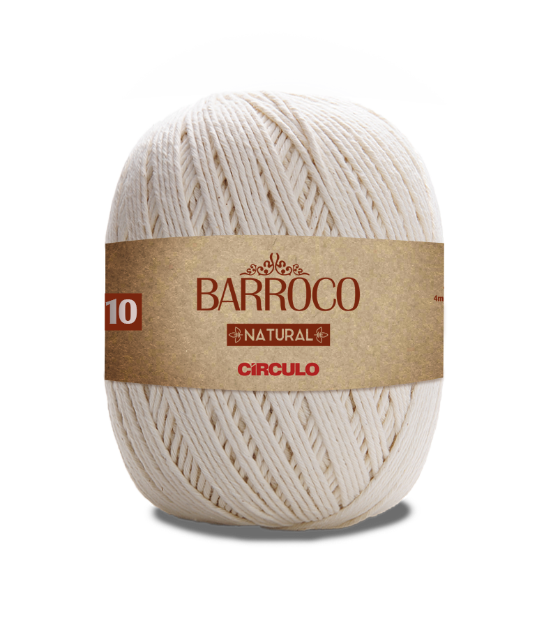 Novelo de fio cru com etiqueta castanha 'BARROCO NATURAL CÍRCULO' e número 10.