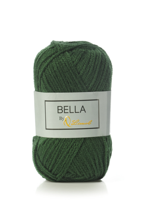 Novelo de lã verde escura com etiqueta branca BELLA By Q Lurex