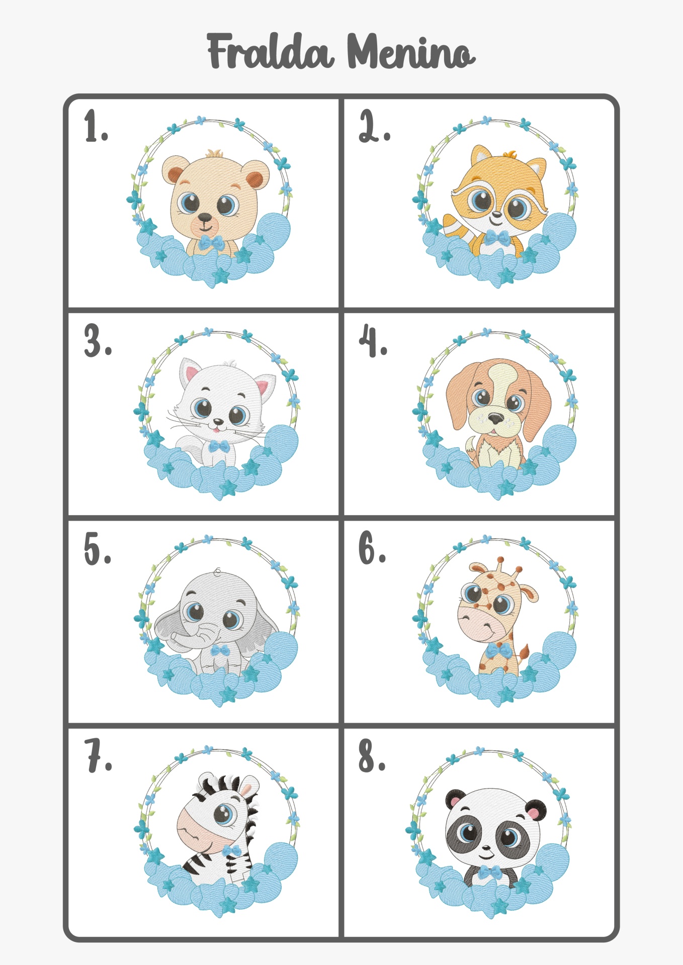 Oito desenhos de animais em guirlandas florais sob o título 'Fralda Menina'.