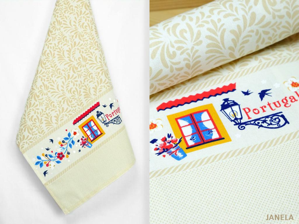 Toalha de cozinha bege com faixa decorativa colorida e texto Portugal