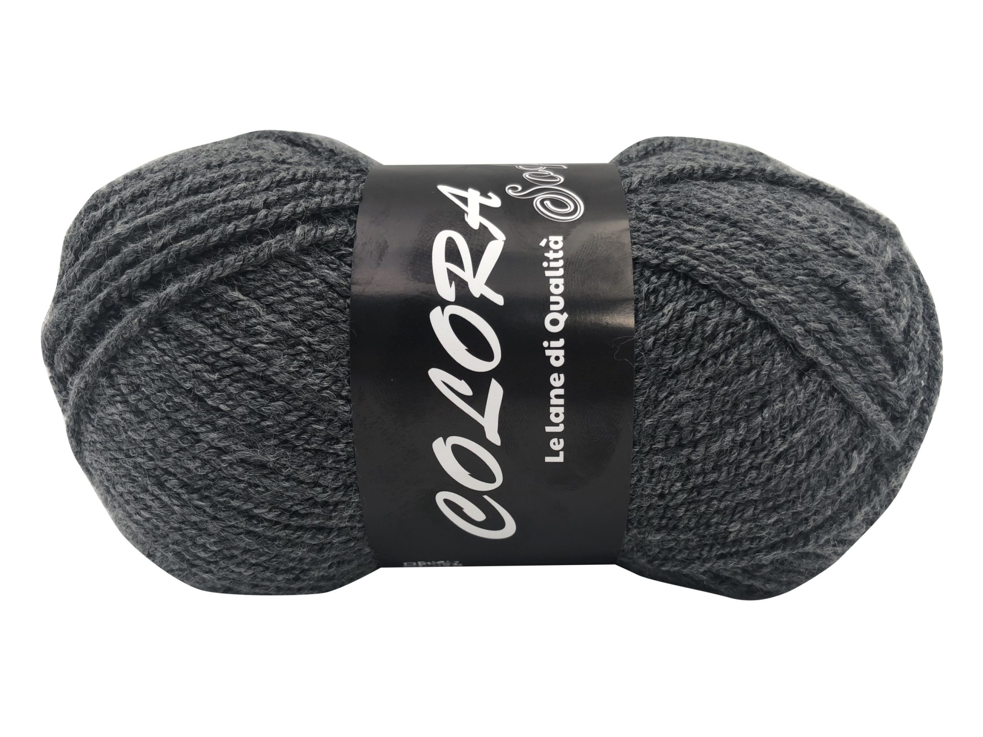 Novelo de lã cinzento escuro com etiqueta preta com texto COLORA.