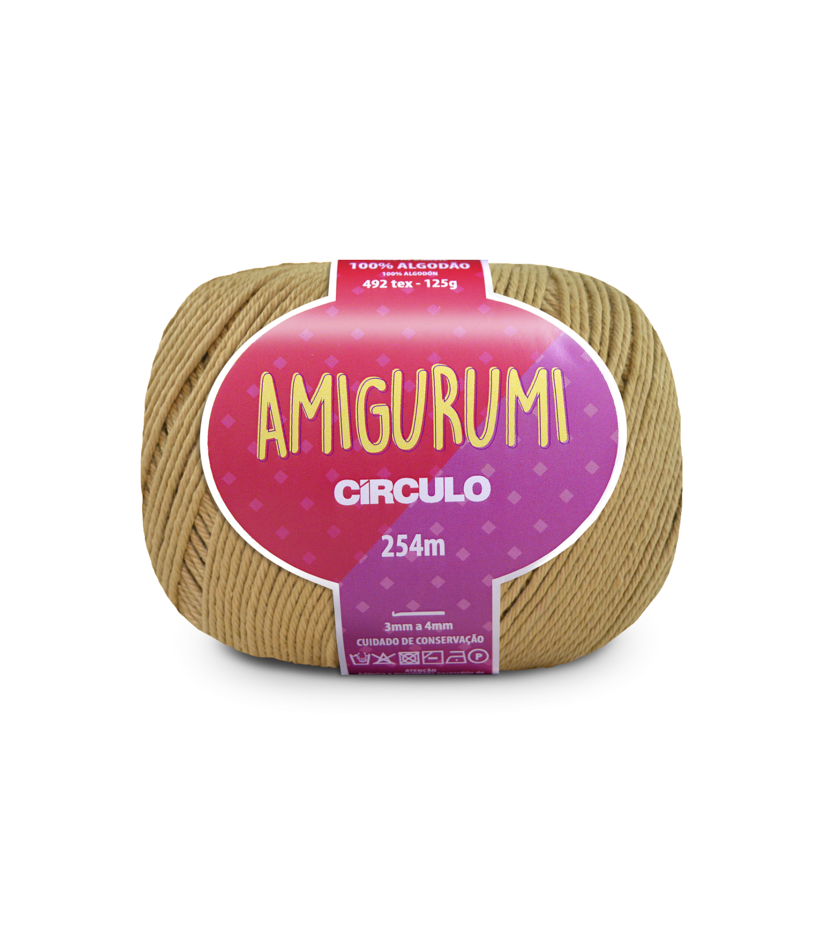 Novelo de fio para tricot castanho claro com etiqueta rosa Amigurumi Círculo