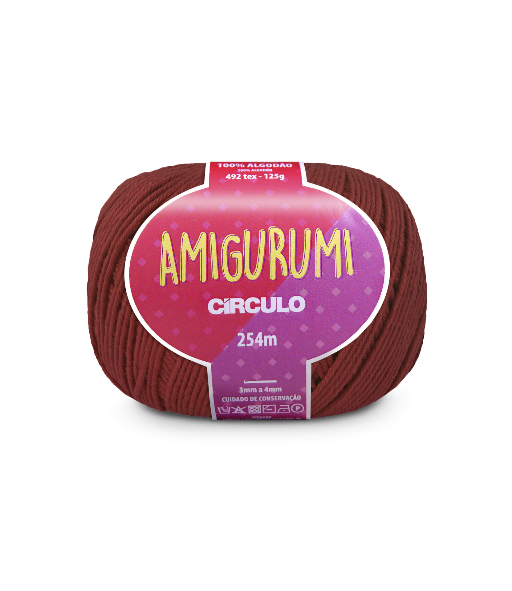 Novelo de fio vermelho Amigurumi Círculo em algodão com etiqueta roxa e rosa