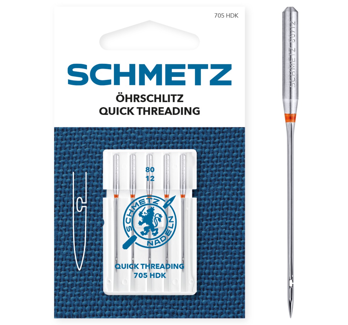 Pacote de agulhas de coser SCHMETZ com cinco agulhas em fundo azul