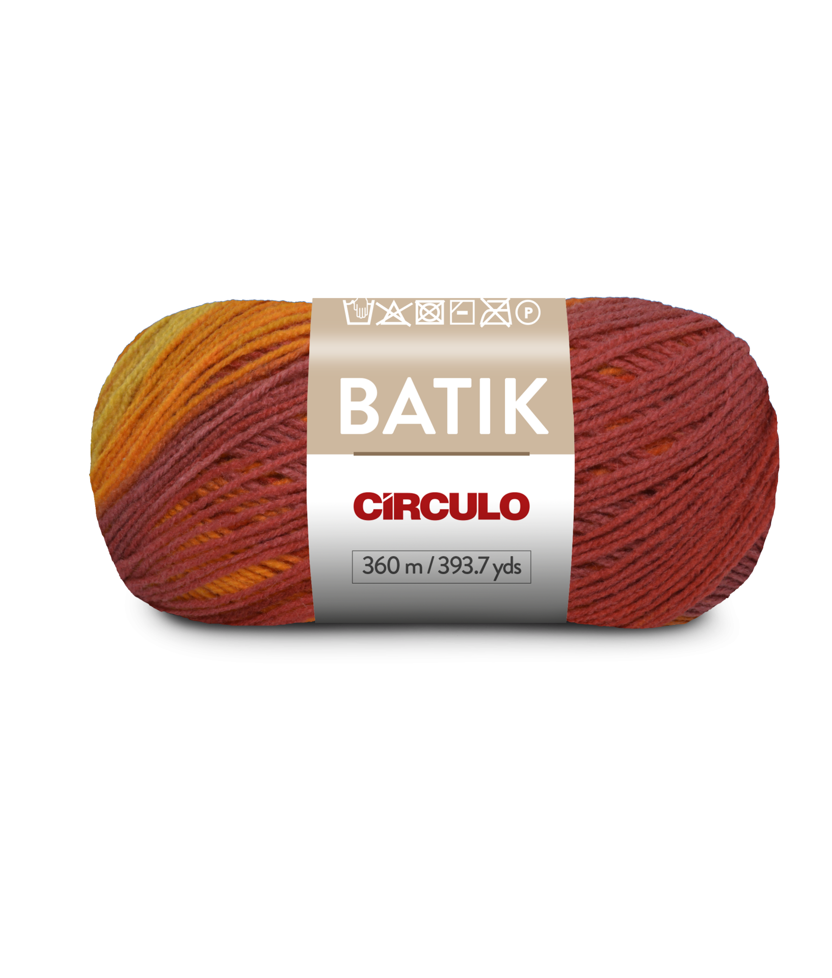 Novelo de lã colorida com etiqueta indicando marca e comprimento